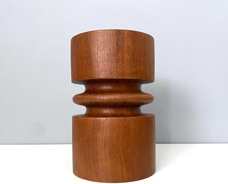 Mid-Century Modern Wooden Vase, Minimalist Sculptural Flower Holder, Natural Brown Wood Decorative Vase for Living Room Tabletop Bedroom Office, Handcrafted Round Vase