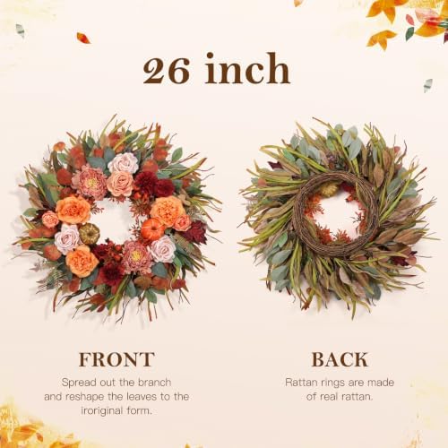 26” fall wreaths for front door, autumn harvest, side view