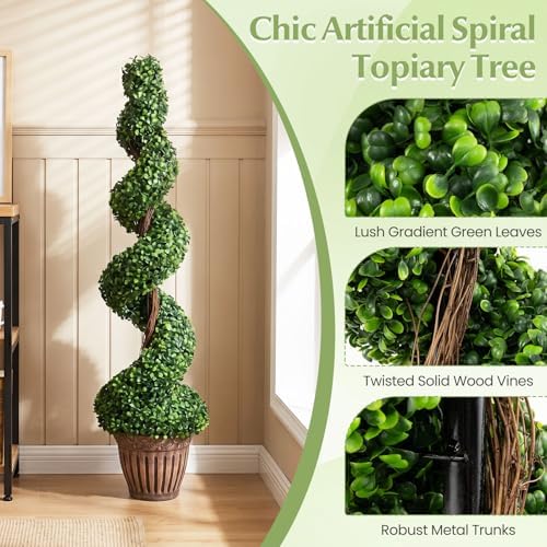 goplus 4 ft artificial boxwood spiral topiary tree on a desk or shelf