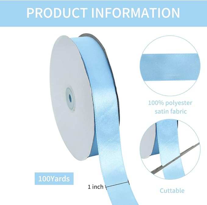 TONIFUL 1 Inch x 100yds Sky Blue Satin Ribbon, Thin Solid Color Satin Ribbon for Gift Wrapping, Crafts, Hair Bows Making, Wedding Party Decoration, Invitation Cards, Floral Bouquets