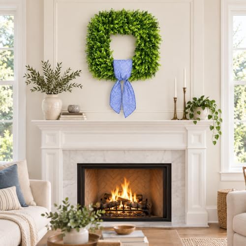 24'' large square green boxwood wreaths for front on a desk or shelf