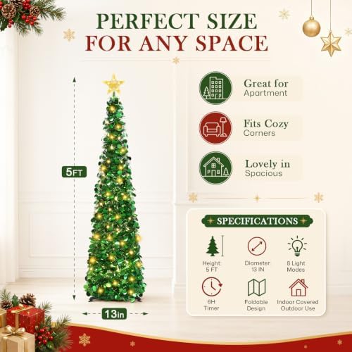 5ft pop up christmas tree with lighted top showing dimensions