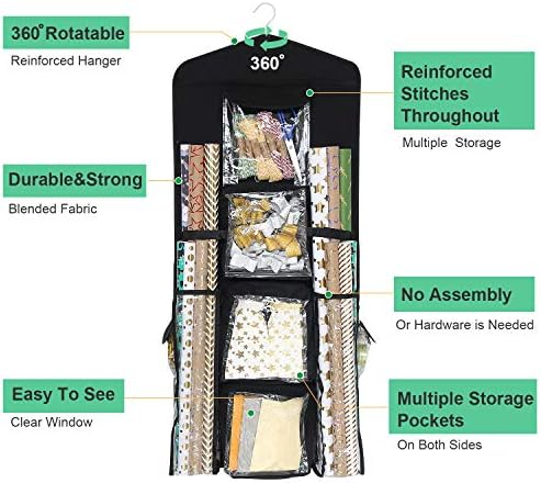sumdirect black double sided hanging gift wrap organizer shown in use