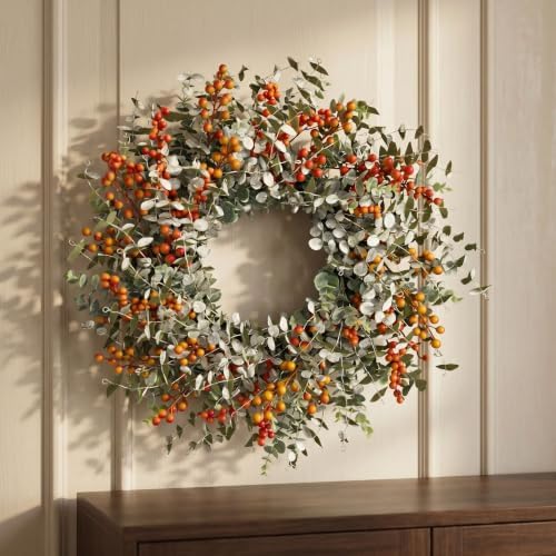 24" fall eucalyptus boxwood wreath, orange berries front, view 9