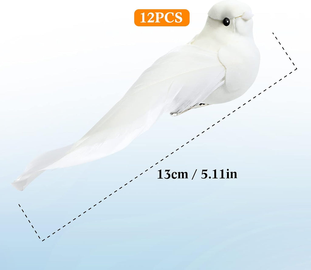 Threan 12 Pcs 5.11 Inch Artificial White Bird Bulk Small Feathered Doves Decor with Clips Love Fake Birds Craft White Ornaments Christmas Tree Home Garden Wedding Party DIY Decoration Wedding Party