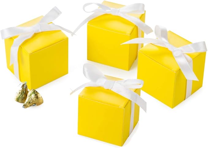AWELL Yellow Gift Candy Box Bulk 2x2x2 inches with White Ribbon Party Favor Box,Pack of 50