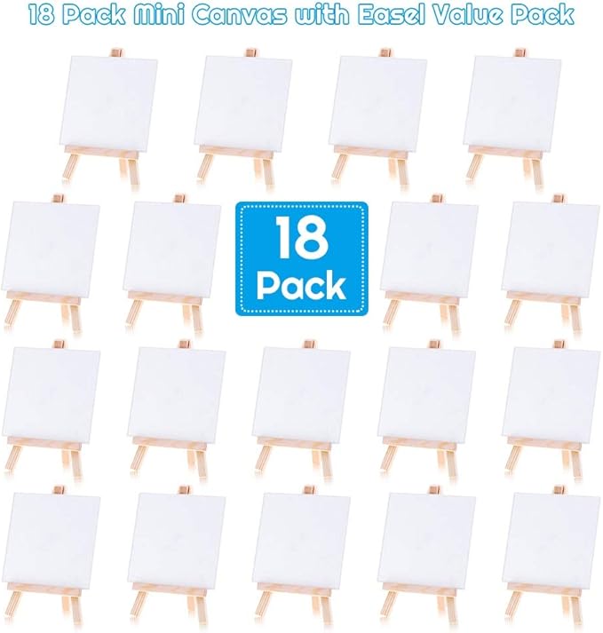 Mini Canvases 18 Pack, Cridoz Small Painting Canvas with Mini Easel 4x4 Inches Art Canvases Painting Kit for Kids Teenagers Acrylic Pouring Oil Water Color
