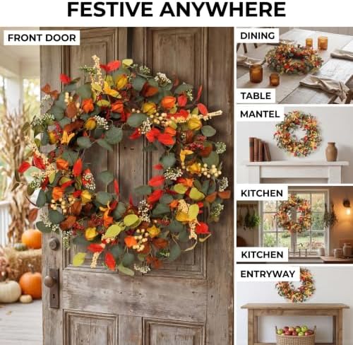 fall eucalyptus lantern pods wreath 22 inch front, package contents