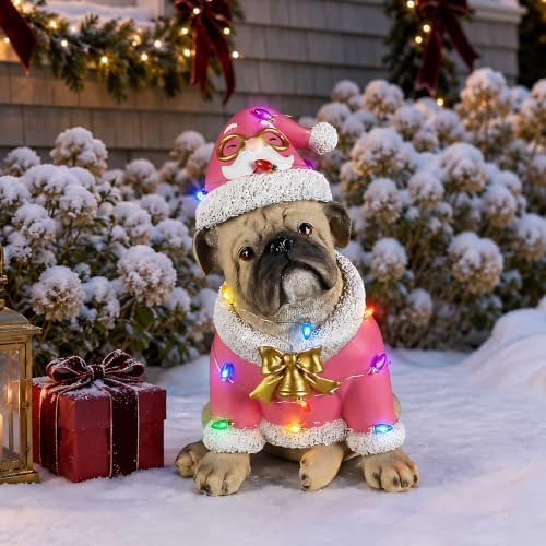 lighted christmas bulldog statue, pink outfit, side view