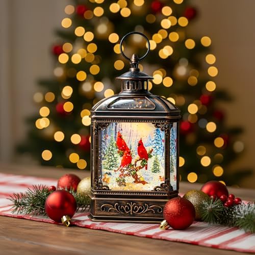 Christmas Snow Globe Water Glittering Cardinal with Music, USB Lined/Battery Operated Lighted Lantern for Christmas Festival Decoration Gifts