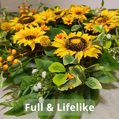 sunflower wreath for front door, 24 inch spring on a desk or shelf