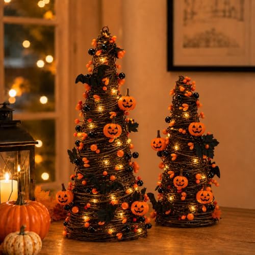 lighted halloween tabletop trees with timer, pumpkin bat, package contents