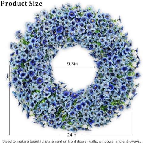24" blue artificial floral wreath for front door shown in use