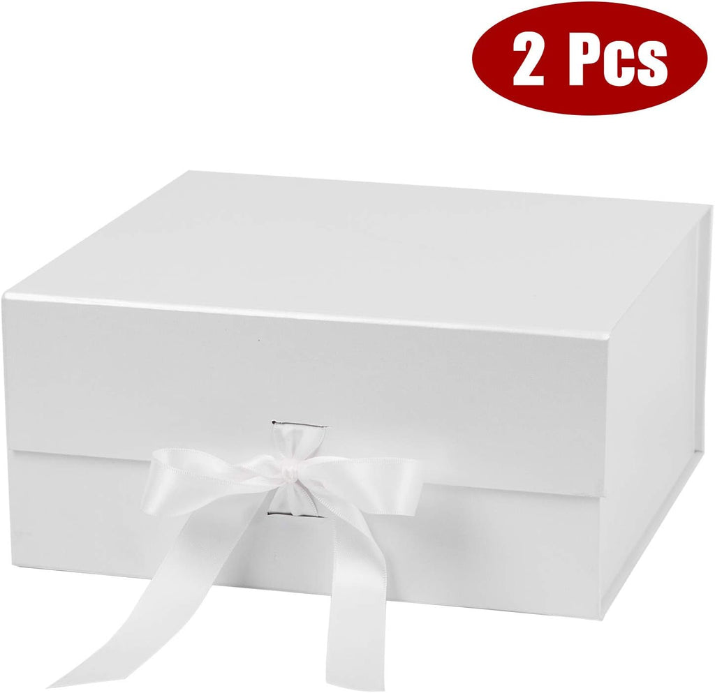 WRAPAHOLIC 2Pcs White Gift Box with Satin Ribbon, 8x8x4 Inches Collapsible Gift Box with Magnetic Closure for Party, Wedding, Gift Wrap, Bridesmaid Proposal, Storage