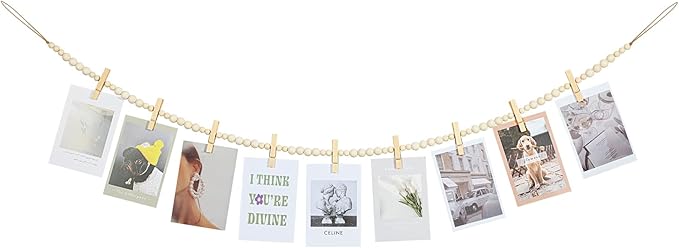 Hanging Photo Display Wall Decor, Boho Wooden Bead Garland Collage Picture Frame with 9 Wood Clips for Bedroom, Living Room, Office, Dorm Decor, Photos Holder Christmas Cards Teen Girl Gifts