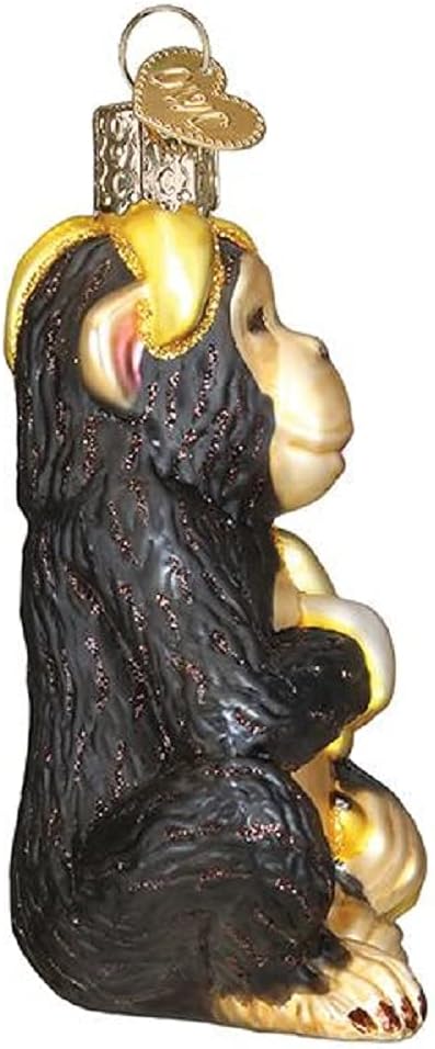 Old World Christmas Chimpanzee with Banana Glass Blown Ornament for Christmas Tree, Handcrafted Holiday Decoration, Wildlife Animal Collection