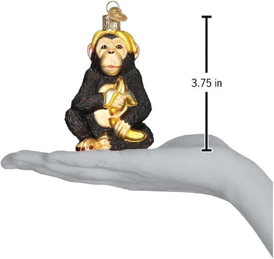 Old World Christmas Chimpanzee with Banana Glass Blown Ornament for Christmas Tree, Handcrafted Holiday Decoration, Wildlife Animal Collection