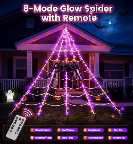 halloween giant spider web decoration with glow-in-the-dark spider, side view