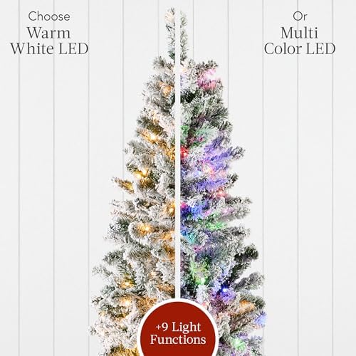 best choice products flocked pencil christmas tree, pre-lit on a desk or shelf