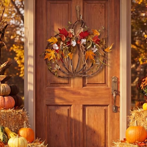fall pumpkin wreath for front door, grapevine maple, side view
