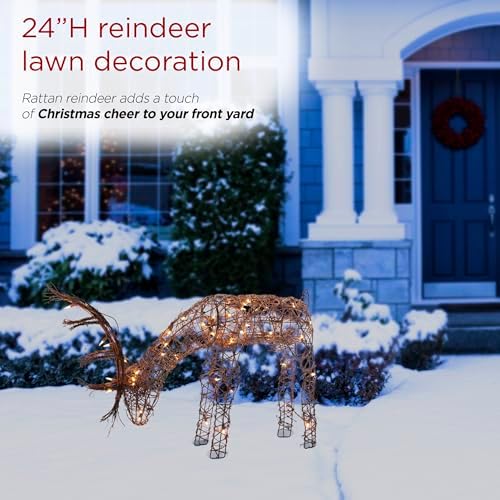 alpine corporation 24" tall outdoor rattan grazing reindeer, front angle view