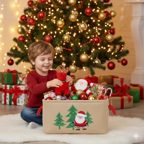 Christmas Basket Large Christmas Gift Baskets Empty Fabric Organizer Bin with Handles, Gift Bags Foldable Holiday Toy Gift Holder for Fireplace, Kids Room, Home Decor