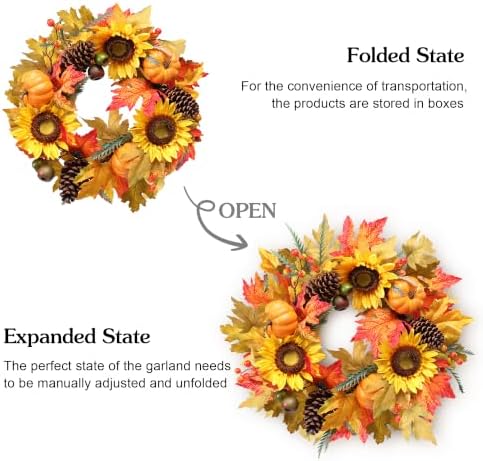 mumtop 22" fall wreath for front door, sunflower, close-up detail