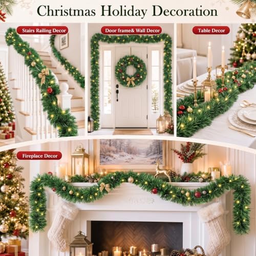 total 200 ft green christmas garland decorations, christmas on a desk or shelf