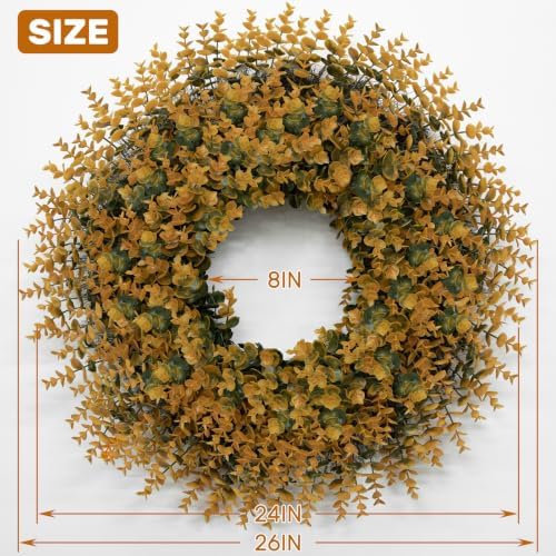 26" artificial fall boxwood wreath for front door shown in use