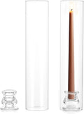 NUPTIO Taper Candle Holders Glass: Set of 2 Clear Hurricane Candlestick Holder - Fluted Candles Stick Stand with Tall Windproof Cylinder Cover for Thanksgiving Christmas Decor