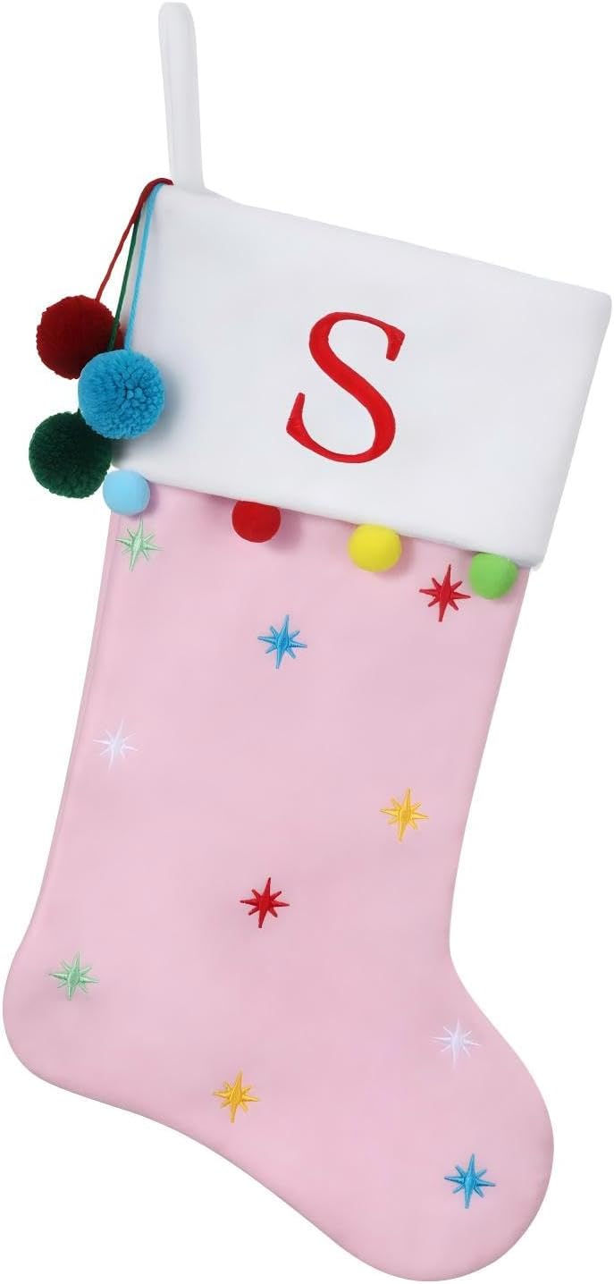 19" Pink Personalized Christmas Stocking—Embroidered Letter-S | Embroidered Fleece Stockings with Stars & Pom Poms, Holiday Fireplace Decor for Xmas Party,Festive Gift