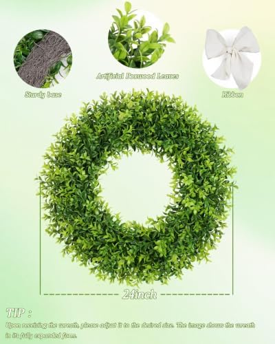 24 inch large boxwood wreath spring summer green, front angle view