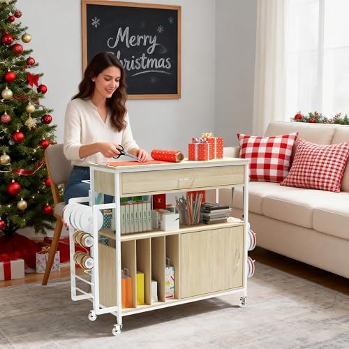 height-adjustable gift wrapping station with paper clamp & on a desk or shelf