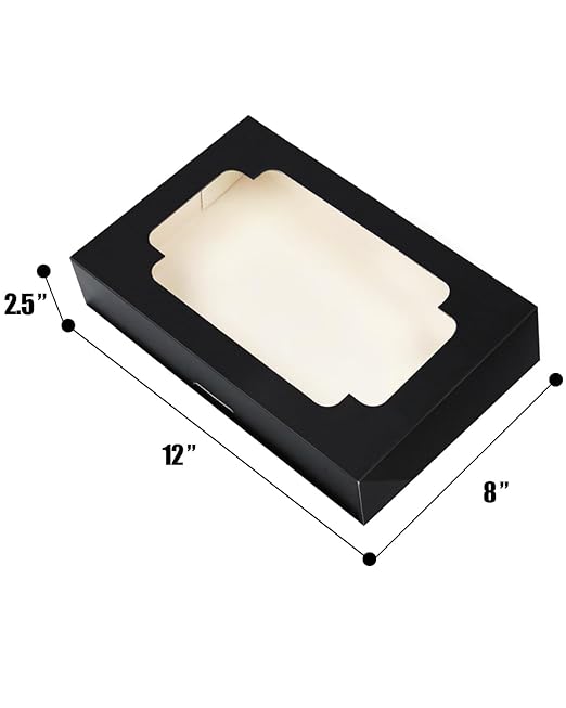 qiqee Auto-pop up Black Cookie Box with Window 12x8x2.5 inch 18 Packs Two Uses One Second Folding Pastry Biscuit Bakery Box for Packaging