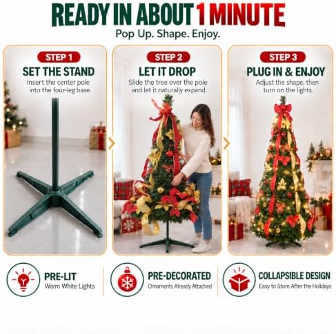 7.5ft prelit pop up christmas tree decoration, collapsible showing dimensions