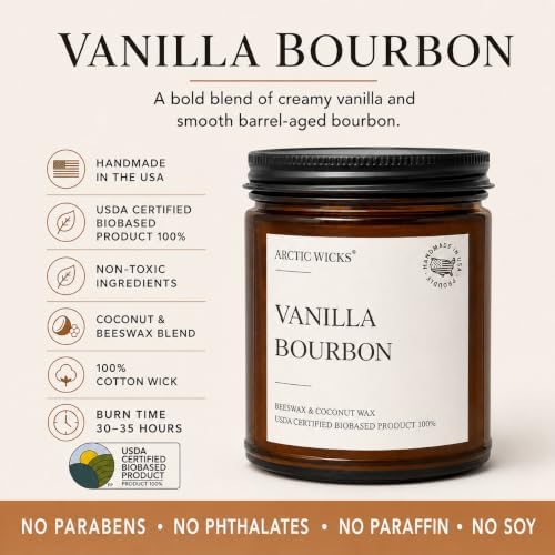 Vanilla Bourbon Candle | Arctic Wicks 9oz Coconut & Beeswax Candles | Scented Non-Toxic Candles for Fall, Winter, Holidays, Gifts for Him, Whiskey Bourbon, Vanilla Candle | USDA Certified Biobased