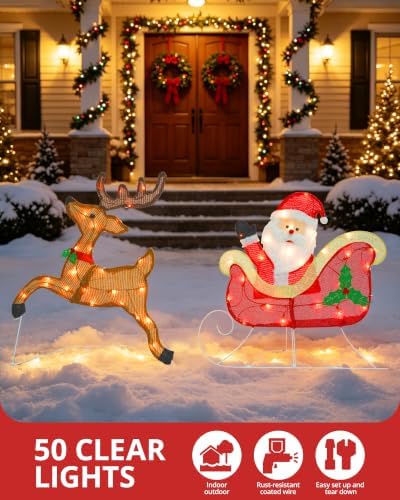 christmas lighted decoration 24 inch reindeer with sleigh shown in use