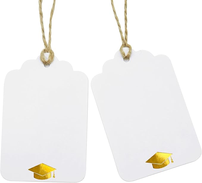 100Pcs Blank Gift Tags with String Foil Gold Grad Cap Large White Paper Gift Tags with 65 Ft Jute Twine for Congrats Grad Congratulations Graduation Party