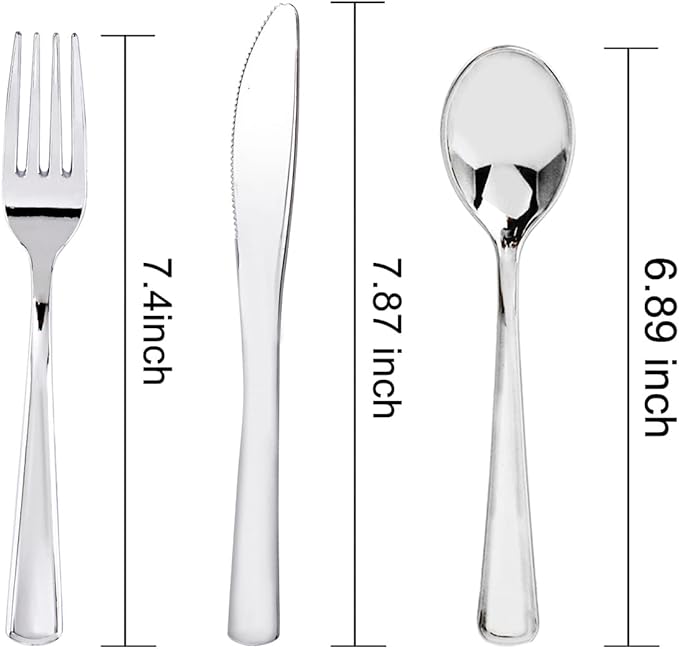 WDF 180 Pieces Silver Plastic Silverware - Silver Plastic Cutlery - Fancy Plastic Silverware Heavy Duty - 60 Forks 60 Knives 60 Spoons - Disposable Plastic Utensils Perfect for Party/Wedding/Christmas