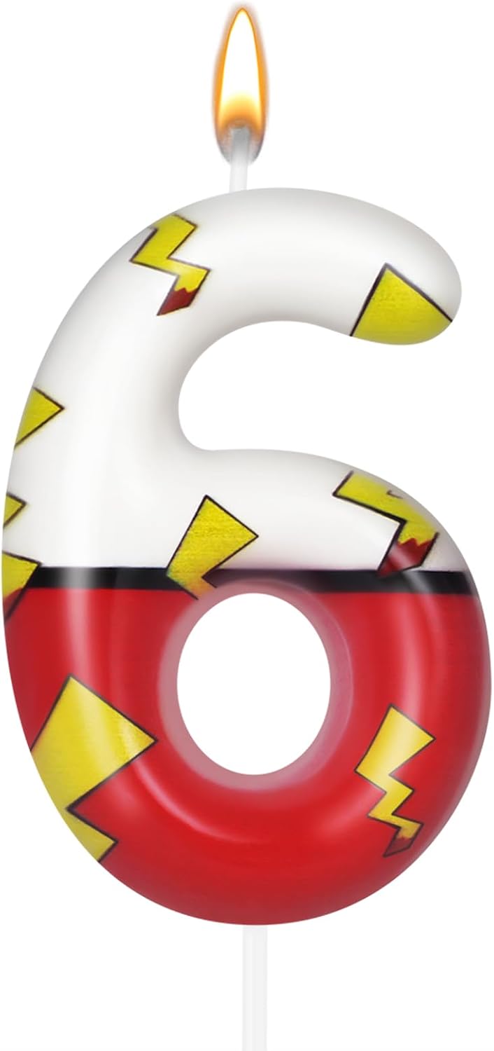 Cartoon Red White Number Candle, Number 6 Birthday Candles, Anime Numeral Cake Topper for Boy Party Decorations,Theme Party Favors