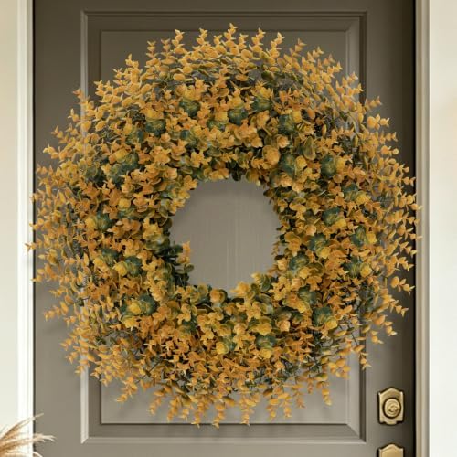 26" artificial fall boxwood wreath for front door, side view