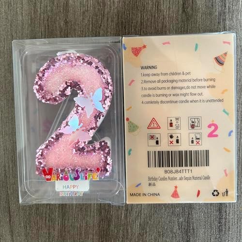 Birthday Candles Number 2,Pink Glitter Happy Birthday Cake Candles Handmade Sequin Numeral Candle