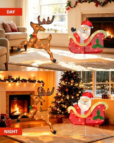 christmas lighted decoration 24 inch reindeer with sleigh showing dimensions