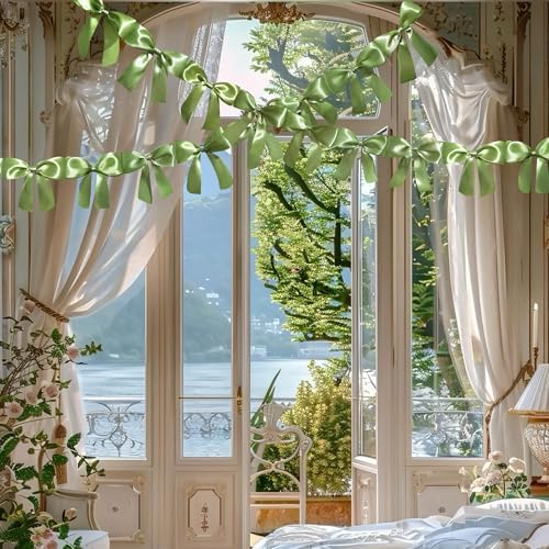 Sage Green Premade Bow Ribbon Banner Streamer Garland with 30 Bows, 6.6 Feet Long Each for Wedding Party Decoration (5.5 X 5 In Bow)