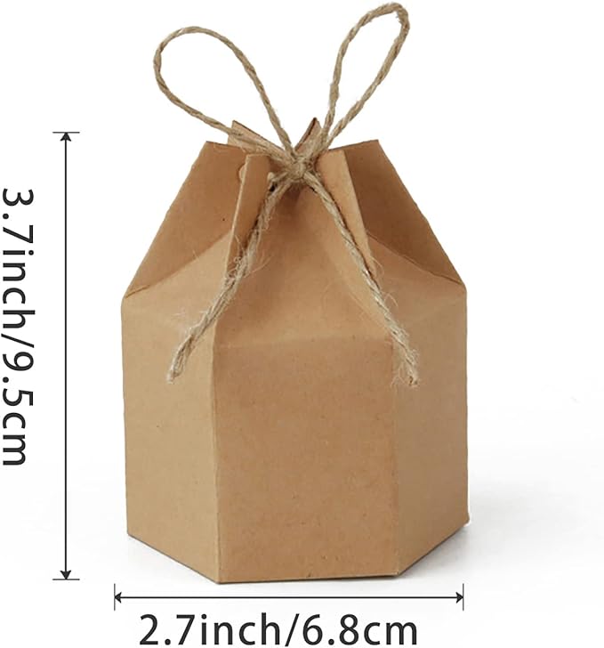 Zontween 50 Pack Hexagon Paper Box With Twines Kraft Paper Hexagon Boxes With Twice Candy Favor Present Boxes For Wedding Birthday Brown