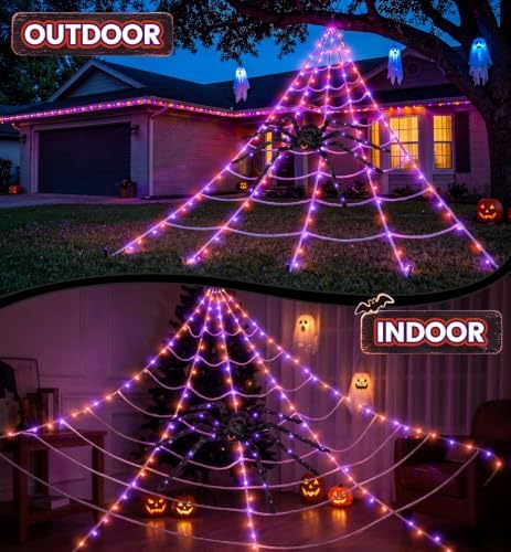 halloween giant spider web decoration with glow-in-the-dark spider showing dimensions
