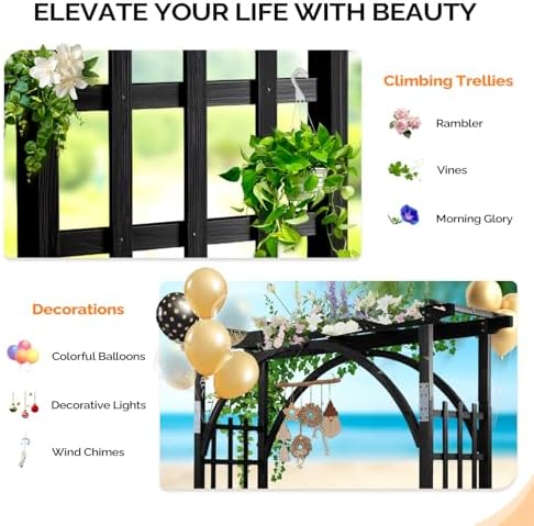 vingli 85in wooden arbor garden arch, wedding arch showing dimensions