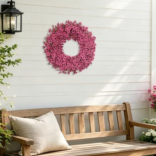 20" fuchsia artificial floral wreath for front door, front angle view