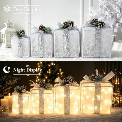 set of 4 christmas lighted gift boxes, battery, close-up detail