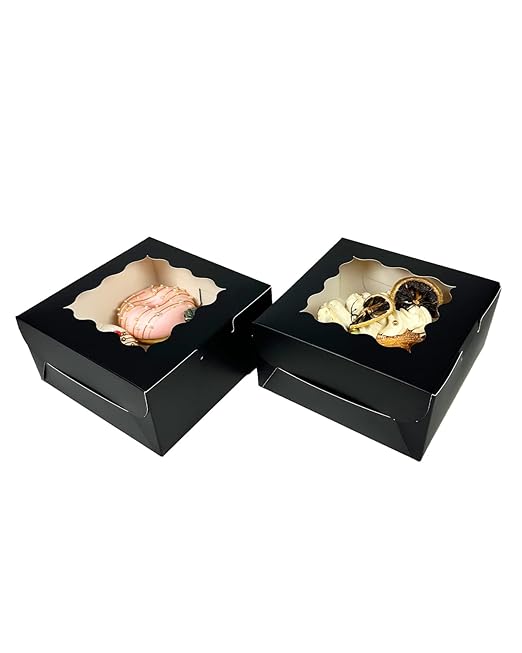 Bakepacker 100pcs Black Cookie Boxes 6x6x3 inches Easy Assemble Macaroon Pastry Boxes Bakery Boxes with Window for Bakery